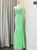 Ndyad Green V-neck Mermaid Chiffon Beaded Long Prom Dress Gorgeous Evening Dress HZ1024