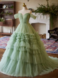 Evafashion Off Shoulder Sweetheart Neck Tulle Green Long Prom Dress HZ1024
