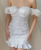 Ndyad Off-the-shoulder Bodycon Pleated Short Birthday Dresses, White Homecoming Dresses HZ1024