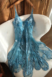 Ndyad V-neck Sheath Chiffon Beaded Short Prom Dresses, Turquoise Homecoming Dresses HZ1024