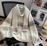 Ndyad Lsle Jacquard Crew Neck Sweater Cardigan with Scarf HZ1024