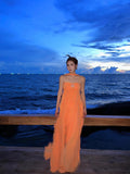 Ndyad Strapless Sheath Chiffon Long Party Dresses, Orange Guest Dresses Backless Birthday Dresses HZ1024