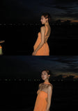 Ndyad Strapless Sheath Chiffon Long Party Dresses, Orange Guest Dresses Backless Birthday Dresses HZ1024