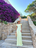 Ndyad Off-the-shoulder Sheath Chiffon Long Prom Dresses, Yellow Formal Evening Dresses HZ1024