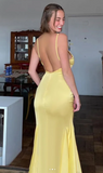 Ndyad V neck Mermaid Satin Long Prom Dresses, Yellow Backless Formal Evening Dresses HZ1024