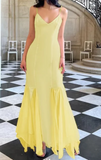 Ndyad V neck Mermaid Satin Long Prom Dresses, Yellow Backless Formal Evening Dresses HZ1024