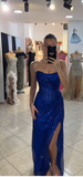 Ndyad Strapless Sheath Mesh Long Prom Dresses, Royal Blue Formal Evening Dresses HZ1024
