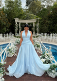 Ndyad V-neck Sheath Chiffon Wedding Guest Dresses, Light Blue Formal Evening Dresses HZ1024