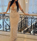 Ndyad Strapless Sheath Tulle Diamond Wedding Guest Dresses, Sexy Formal Evening Dresses HZ1024