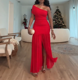 Ndyad One Shoulder Sheath Chiffon Long Prom Dresses New Year's Eve Dress, Red Formal Evening Dresses HZ1024
