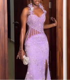 Ndyad Halter Mermaid Beaded Satin Long Prom Dresses with Slits, Lilac Formal Evening Dresses HZ1024