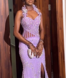 Ndyad Halter Mermaid Beaded Satin Long Prom Dresses with Slits, Lilac Formal Evening Dresses HZ1024