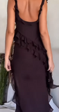 Ndyad Strap Sheath Chiffon Ruffle Long Prom Dresses, Black Formal Evening Dresses HZ1024