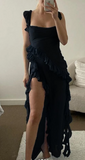 Ndyad Strap Sheath Chiffon Ruffle Long Prom Dresses, Black Formal Evening Dresses HZ1024