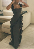 Ndyad Strap Sheath Chiffon Ruffle Long Prom Dresses, Black Formal Evening Dresses HZ1024