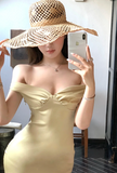 Ndyad Off Shoulder Mermaid Satin Long Prom Dresses, Yellow Formal Evening Dresses HZ1024