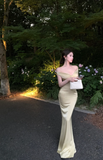Ndyad Off Shoulder Mermaid Satin Long Prom Dresses, Yellow Formal Evening Dresses HZ1024