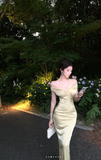 Ndyad Off Shoulder Mermaid Satin Long Prom Dresses, Yellow Formal Evening Dresses HZ1024