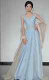 Ndyad V-neck A-Line Satin Long Prom Dresses, Blue Formal Evening Dresses HZ1024