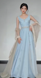 Ndyad V-neck A-Line Satin Long Prom Dresses, Blue Formal Evening Dresses HZ1024