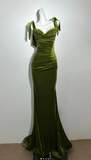 Ndyad Spaghetti Strap Mermaid Velvet Long Prom Dresses, Green Formal Evening Dresses HZ1024