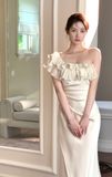 Ndyad One-shoulder Mermaid Satin Long Prom Dresses, White Formal Evening Dresses HZ1024