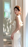 Ndyad One-shoulder Mermaid Satin Long Prom Dresses, White Formal Evening Dresses HZ1024