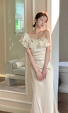 Ndyad One-shoulder Mermaid Satin Long Prom Dresses, White Formal Evening Dresses HZ1024