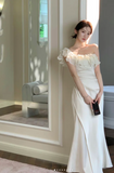 Ndyad One-shoulder Mermaid Satin Long Prom Dresses, White Formal Evening Dresses HZ1024