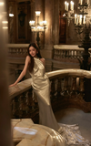 Ndyad Halter Sheath Satin Long Prom Dresses, White Backless Formal Evening Dresses HZ1024