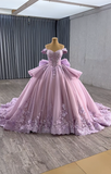 Ndyad Off-the-shoulder Ball Gown Tulle Applique Long Prom Dresses Purple Sweet 16 Dress Quinceanera Dresses HZ1024