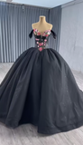 Ndyad Off-the-shoulder Ball Gown Satin Long Prom Dresses Black Sweet 16 Dress Quinceanera Dresses HZ1024
