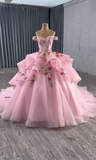Ndyad Off-the-shoulder Ball Gown Tulle Applique Long Prom Dresses Pink Sweet 16 Dress Quinceanera Dresses HZ1024