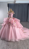 Ndyad Off-the-shoulder Ball Gown Tulle Applique Long Prom Dresses Pink Sweet 16 Dress Quinceanera Dresses HZ1024