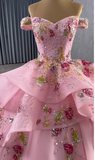 Ndyad Off-the-shoulder Ball Gown Tulle Applique Long Prom Dresses Pink Sweet 16 Dress Quinceanera Dresses HZ1024