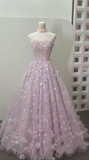 Ndyad Strapless A-Line Lace Applique Long Prom Dresses Pink Sweet 16 Dress Beaded Quinceanera Dresses HZ1024