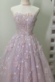Ndyad Strapless A-Line Lace Applique Long Prom Dresses Pink Sweet 16 Dress Beaded Quinceanera Dresses HZ1024