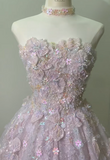 Ndyad Strapless A-Line Lace Applique Long Prom Dresses Pink Sweet 16 Dress Beaded Quinceanera Dresses HZ1024