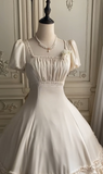 Ndyad Square Neck Ball Gown Satin Short Birthday Dresses White Sweet Lolita Dresses HZ1024