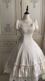 Ndyad Square Neck Ball Gown Satin Short Birthday Dresses White Sweet Lolita Dresses HZ1024