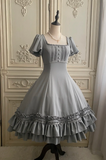 Ndyad Square Neck Ball Gown Satin Ruffle Short Birthday Dresses Gray Lolita Dresses HZ1024