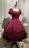 Ndyad Square Neck Ball Gown Satin Ruffle Short Birthday Dresses Burgundy Lolita Dresses HZ1024