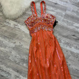 Ndyad Spaghetti Straps Sheath Beaded Chiffon Prom Dresses, Orange Formal Evening Dresses HZ1024