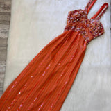 Ndyad Spaghetti Straps Sheath Beaded Chiffon Prom Dresses, Orange Formal Evening Dresses HZ1024