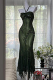 Ndyad Halter Mermaid Long Prom Dresses Chiffon Beaded Dark Green Long Formal Dresses HZ1024