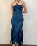 Ndyad Halter Mermaid Long Prom Dresses Chiffon Beaded Dark Green Long Formal Dresses HZ1024