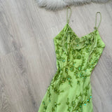 Ndyad Spaghetti Strap Sheath Long Prom Dresses Vintage Chiffon Beaded Green Formal Dresses HZ1024