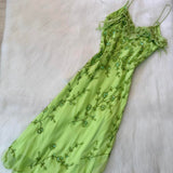 Ndyad Spaghetti Strap Sheath Long Prom Dresses Vintage Chiffon Beaded Green Formal Dresses HZ1024