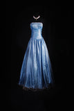 Ndyad Spaghetti Strap A-Line Long Prom Dresses Lace Satin Gray Blue Formal Dresses HZ1024