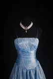 Ndyad Spaghetti Strap A-Line Long Prom Dresses Lace Satin Gray Blue Formal Dresses HZ1024